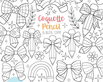 Coquette pencil bow digital stamp Outline disco pencil png Back to school coloring Doodle pencil bow Teacher pencil png School coloring page