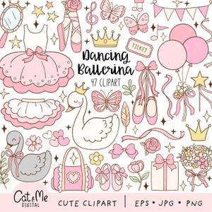 Może przedstawiać: Zestaw 47 cyfrowych obraz&oacute;w clipart w kolorze r&oacute;żowym i białym przedstawiający baletnicę, łabędzia, kwiaty, gwiazdy, kokardki i inne elementy związane z baletem. W obrazie znajduje się tekst "Dancing Ballerina 47 CLIPART".