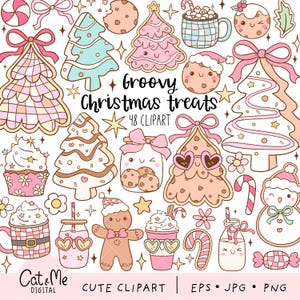 Groovy christmas treats clipart Coquette christmas bow png Pastel christmas Dessert Cookies Gingerbread Cupcake Mug clipart Christmas gift