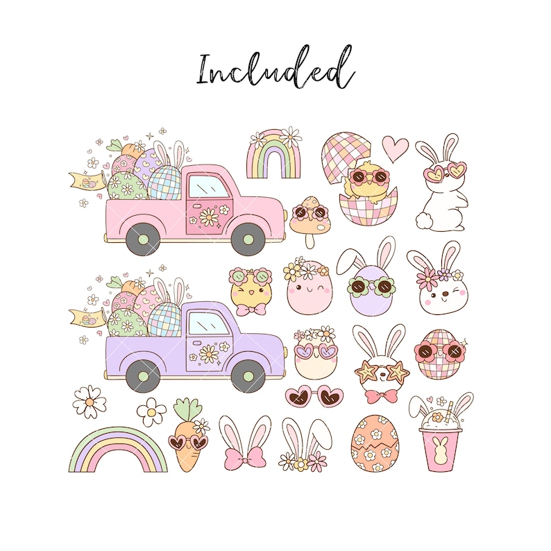 May include: A set of Easter-themed digital clipart featuring a pink and purple pickup truck filled with Easter eggs, bunnies wearing sunglasses, a rainbow, a chick in an egg, and other Easter-themed elements.