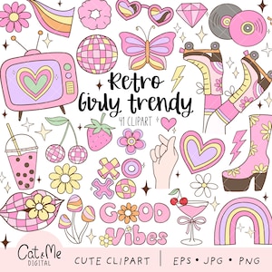Clipart rétro girly tendance fille rose groovy png rétro flower power des années 70 png hippie vintage png Daisy arc-en-ciel boule disco chemise rétro cadeau png