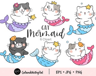 Cat mermaid clipart Funny cat clip art Meowmaid clipart Mermaid kitten clipart Animal clipart Pet clipart Cat mermaid illustrations EPS PNG