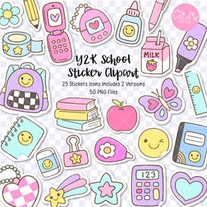Puede incluir: Una colección de pegatinas digitales con temática escolar Y2K que incluye un teléfono plegable rosa, un cartón de leche de fresa, una mochila morada, libros, una calculadora, una mariposa y caras sonrientes. El texto dice Y2K School Sticker Clipart, 25 Stickers Icons Includes 2 Versions, 50 PNG Files y Cat & Me DIGITAL.