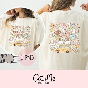May include: A white t-shirt with a colorful graphic design featuring a school bus, rainbow, clouds, and other school-themed elements. The design is centered on the back of the shirt. "1 PNG" is written on the front of the shirt.