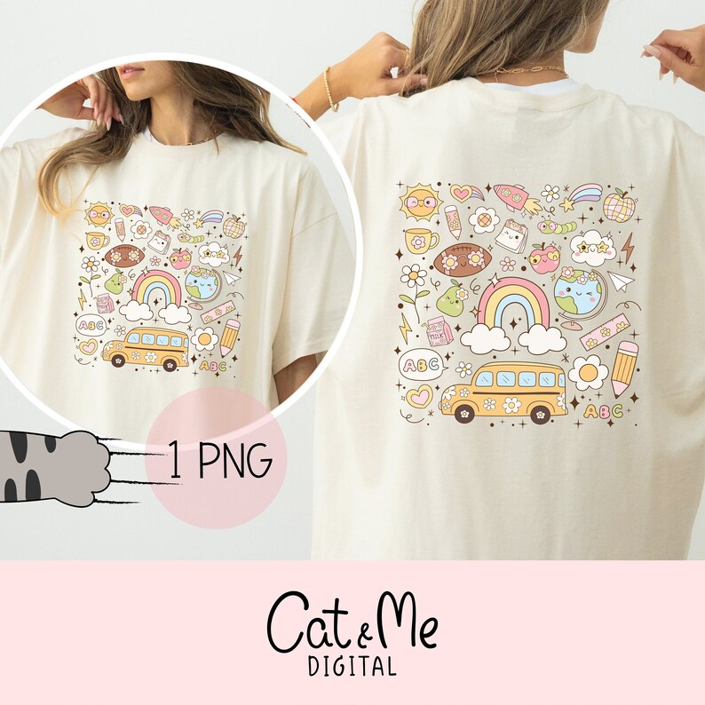 May include: A white t-shirt with a colorful graphic design featuring a school bus, rainbow, clouds, and other school-themed elements. The design is centered on the back of the shirt. "1 PNG" is written on the front of the shirt.