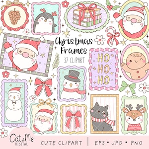Puede incluir: Una colección de marcos de imágenes prediseñadas con temática navideña. Los marcos presentan ilustraciones de Papá Noel, muñecos de nieve, pingüinos, lazos y un gato. También se incluye el texto "Christmas Frames" y "37 Clipart".