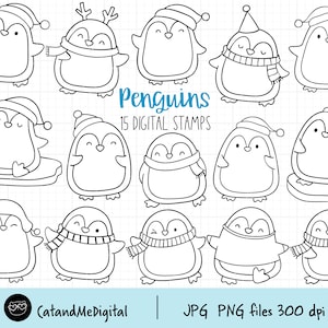 Penguin digital stamp Doodle penguin Christmas clipart Penguin winter stamp Penguin outline Penguins stamp Coloring page clipart