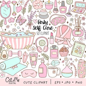 May include: A set of 50 girly self-care clipart illustrations in pink, blue, and green. The illustrations include a bathtub, bathrobe, face mask, candles, flowers, and other items related to self-care.