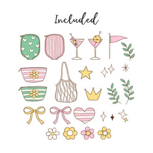 May include: A set of 18 hand-drawn illustrations featuring various summer-themed elements, including a striped tote bag, a heart-shaped pot holder, a crown, a star, a bow, flowers, and a cocktail glass. The text "Included" is written at the top of the image.