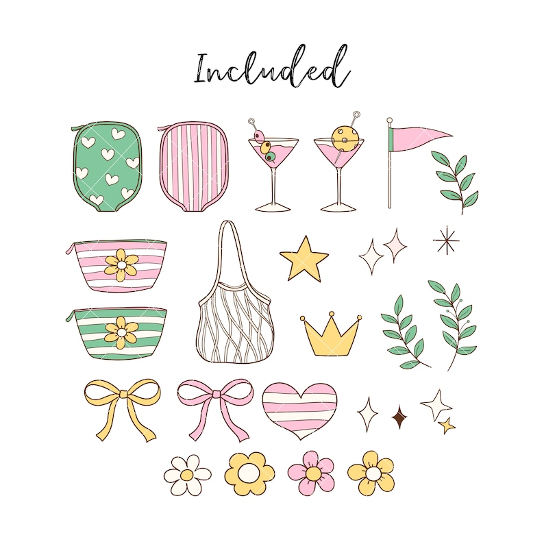 May include: A set of 18 hand-drawn illustrations featuring various summer-themed elements, including a striped tote bag, a heart-shaped pot holder, a crown, a star, a bow, flowers, and a cocktail glass. The text "Included" is written at the top of the image.