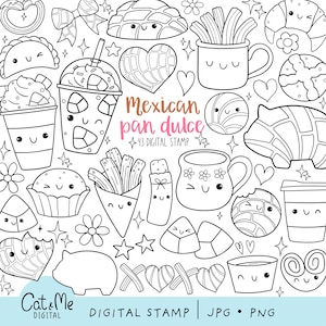Könnte beinhalten: Schwarzweiße digitale Stempel mit Linienkunst von mexikanischen Backwaren, Getränken und anderen Leckereien. Der Text "Mexican pan dulce" ist im Bild enthalten. Es gibt insgesamt 43 Stempel.