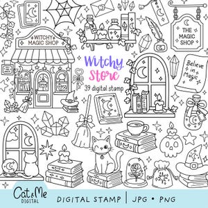 May include: A black and white digital stamp collection featuring a witchy magic shop, a cat, books, candles, crystals, potions, and stars. The text includes Witchy Magic Shop, The Magic Shop, Believe in Magic, Witchy Store 39 digital stamp, and Cat & Me Digital.
