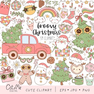 Groovy retro christmas clipart Hippie christmas flower Merry christmas png Winter clipart Disco ball Santa Snowman png Christmas gift png