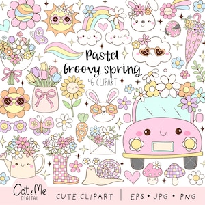 Puede incluir: Un conjunto de 46 imágenes de clipart con temática primaveral en colores pastel. Las imágenes incluyen un conejito, un coche, un arcoíris, un sol, flores, una regadera, un caracol, un hongo y mucho más. Las imágenes son perfectas para añadir un toque primaveral a tus proyectos.