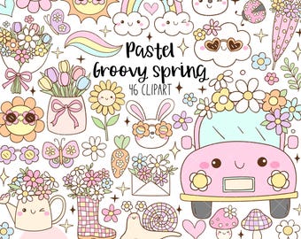 Może przedstawiać: Zestaw 46 obrazów clipart w pastelowych kolorach z motywem wiosennym. Obrazy obejmują królika, samochód, tęczę, słońce, kwiaty, konewkę, ślimaka, grzyba i wiele innych. Obrazy idealnie nadają się do dodania wiosennego akcentu do twoich projektów.