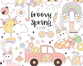 Groovy spring clipart Retro spring clipart Bunny png Easter clipart Hippie spring Boho clipart Disco Bunny Rainbow Daisy flower clipart