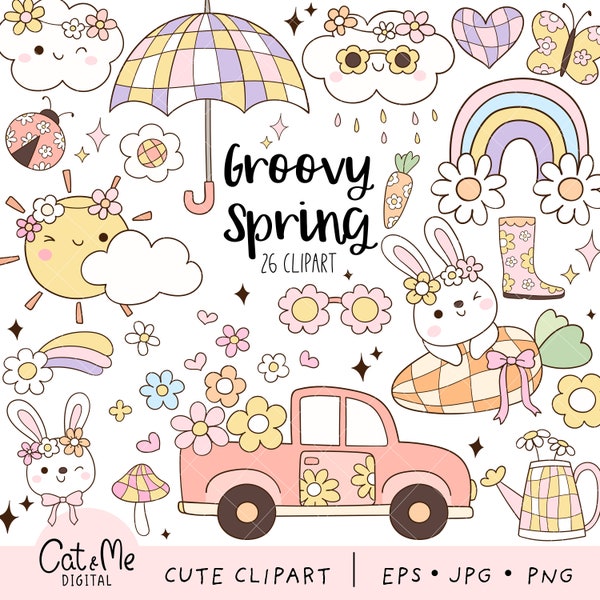 Groovy spring clipart Retro spring clipart Bunny png Easter clipart Hippie spring Boho clipart Disco Bunny Rainbow Daisy flower clipart