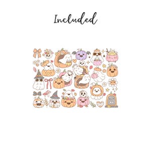 May include: A collection of cute Halloween-themed illustrations. The image includes ghosts, pumpkins, flowers, and other festive elements in pastel colors. The word "Included" is written in cursive at the top.