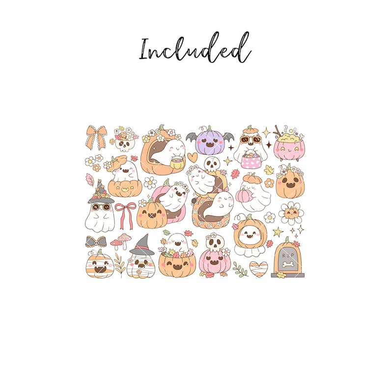 May include: A collection of cute Halloween-themed illustrations. The image includes ghosts, pumpkins, flowers, and other festive elements in pastel colors. The word "Included" is written in cursive at the top.