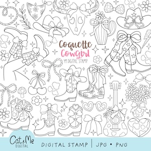 May include: Black and white line art digital stamp set featuring a cowgirl theme. The set includes images of boots, hats, bows, stars, flowers, a guitar, and a cactus. The text "Coquette Cowgirl 49 Digital Stamp" is included in the image.