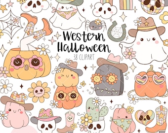 Peut inclure: Un ensemble de 38 images clipart sur le thème de l'Halloween western. Les images comprennent des citrouilles, des fantômes, des cactus, des pierres tombales et d'autres personnages effrayants. Les images sont dans un style de dessin animé mignon et sont parfaites pour ajouter une touche de fantaisie à vos projets d'Halloween.