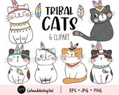 Tribal cat clipart Boho clipart Cat lovers Bohemian animals Pet clipart Funny cats clipart Doodle animal Feather Arrow PNG JPG EPS