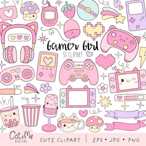 May include: A set of 51 pink and purple gamer girl themed clipart illustrations. The illustrations include a game controller, a headset, a microphone, a cup of tea, a mushroom, a games console, a star, a heart, a flower, a ribbon, and a game cartridge.