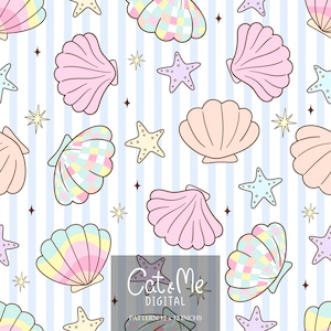 Adrette Muscheln blauen Streifen nahtlose Sommer nahtlose Girly Sommer-Wiederholungsmuster Helle Sommer Sublimation Strand Muscheln digitales Papier