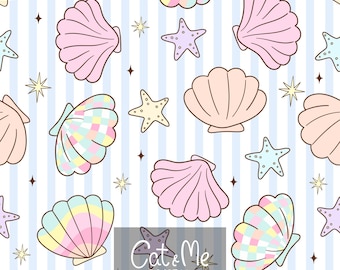 Preppy seashells blue stripe seamless Summer seamless Girly summer repeating pattern Bright summer sublimation Beach shells digital paper