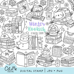 May include: Black and white digital stamp illustrations of winter-themed bookish elements, including books, a snowman, a cat, a coffee cup, a snow globe, a Christmas tree, and a sweater. The text "Winter Bookish" and "37 Digital Stamp" are included in the image.