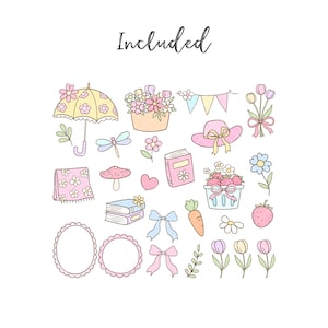 May include: A set of 20 hand-drawn illustrations featuring cute pastel-colored spring and summer themed elements, including flowers, a book, a basket of strawberries, a mushroom, a heart, a carrot, a dragonfly, an umbrella, a hat, a book, a blanket, and a wreath.