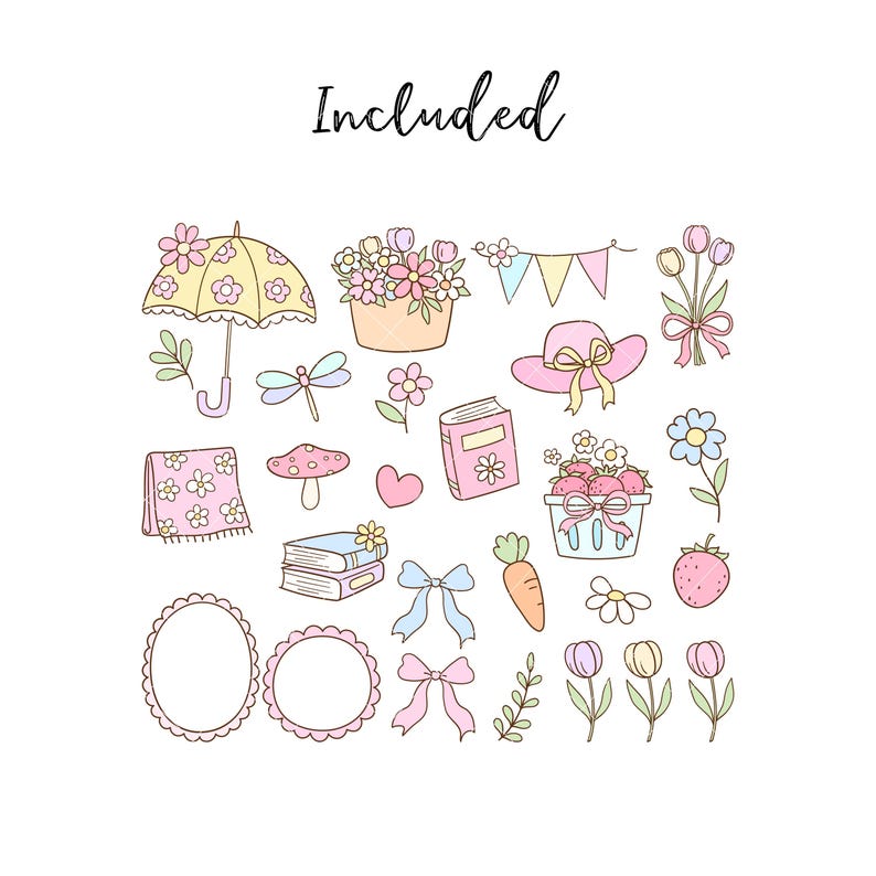 May include: A set of 20 hand-drawn illustrations featuring cute pastel-colored spring and summer themed elements, including flowers, a book, a basket of strawberries, a mushroom, a heart, a carrot, a dragonfly, an umbrella, a hat, a book, a blanket, and a wreath.