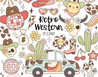 Retro western clipart Groovy cowboy clipart 70s Hippie Desert cactus Daisy Cow print Boots Disco ball png Trendy clipart Retro gift shirt