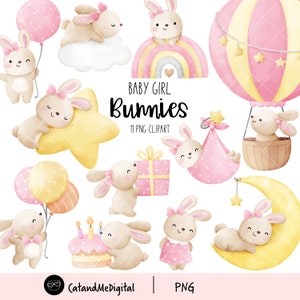 Baby konijntje meisje clipart aquarel konijntjes kinderkamer dieren clipart kinderkamer kunst pasgeboren png babydouche png verjaardagscadeau maan ster wolken png