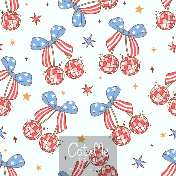 Coquette fourth of July pattern Disco retro ball Cherry seamless 4th of July repeating pattern American girly sublimation Bows digital paper