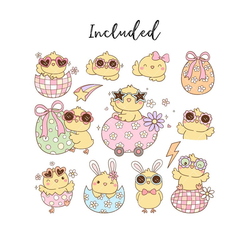 May include: A set of nine digital illustrations featuring cute cartoon chicks in various Easter-themed poses. The chicks are wearing sunglasses and are depicted in scenes such as riding in a car, hatching from an egg, and holding an Easter egg.