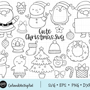 Leuke kerst svg Outline kerstmis svg Kleuren svg Doodle svg Handgetekende kerstboom Santa Moose Penguin Sneeuwpop gesneden bestand dxf