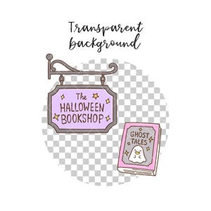 May include: A hanging sign with a dark metal bracket and a light purple rectangular board featuring the text The HALLOWEEN BOOKSHOP with small yellow stars. Beside it is a pink book titled GHOST TALES with a small white ghost illustration.