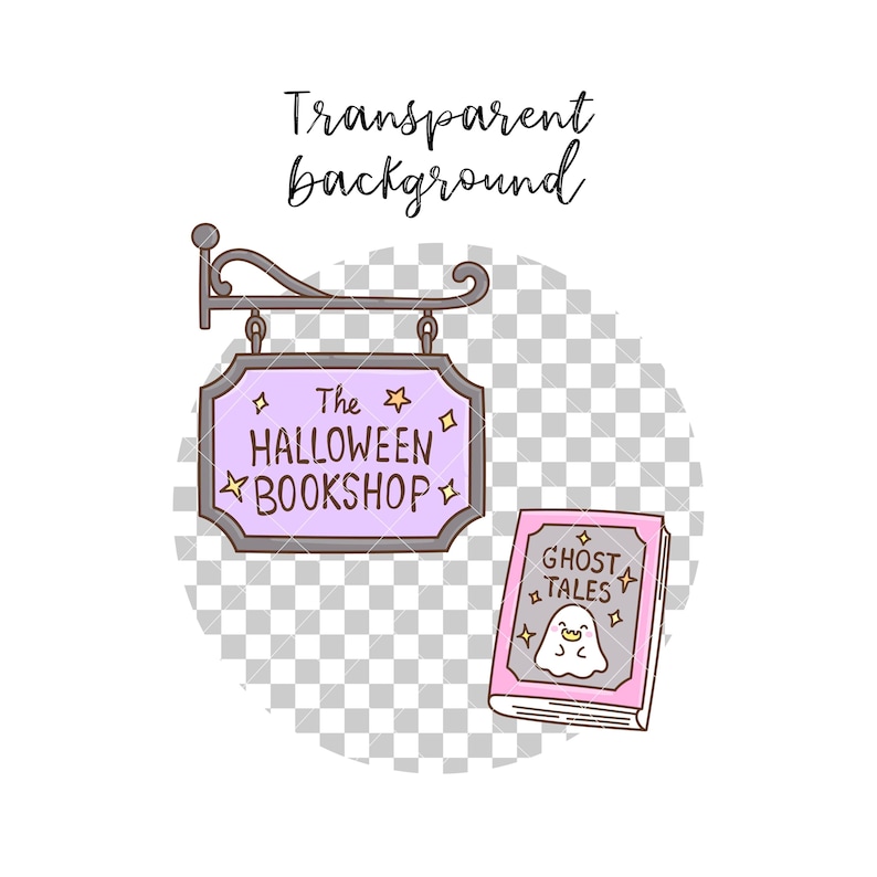 May include: A hanging sign with a dark metal bracket and a light purple rectangular board featuring the text The HALLOWEEN BOOKSHOP with small yellow stars. Beside it is a pink book titled GHOST TALES with a small white ghost illustration.