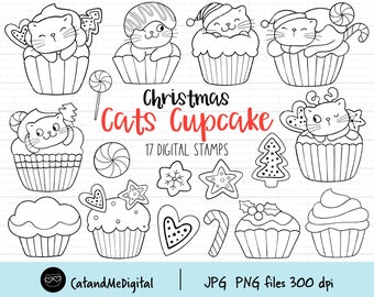Christmas cupcake digital stamp Cupcake stamp Cat clipart Gingerbread Cookies clipart Outline coloring Illustration cat Coloring clipart