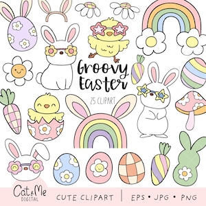 Groovy easter clipart Retro easter clipart Animal easter png Spring clipart Hippie easter Bunny Easter eggs Chicks Daisy flower clipart