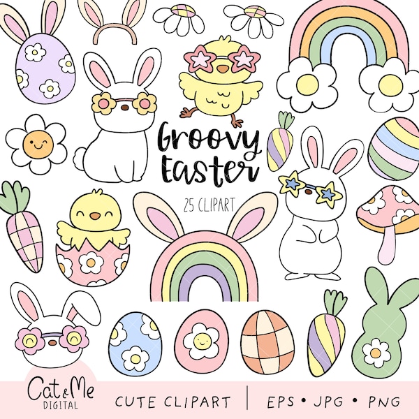 Groovy easter clipart Retro easter clipart Animal easter png Spring clipart Hippie easter Bunny Easter eggs Chicks Daisy flower clipart