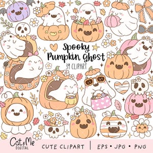May include: A collection of cute Halloween-themed clipart featuring smiling ghosts, pumpkins, flowers, and bats. The phrase "Spooky Pumpkin Ghost" is displayed, along with "39 Clipart". The color palette includes orange, pink, purple, and white.