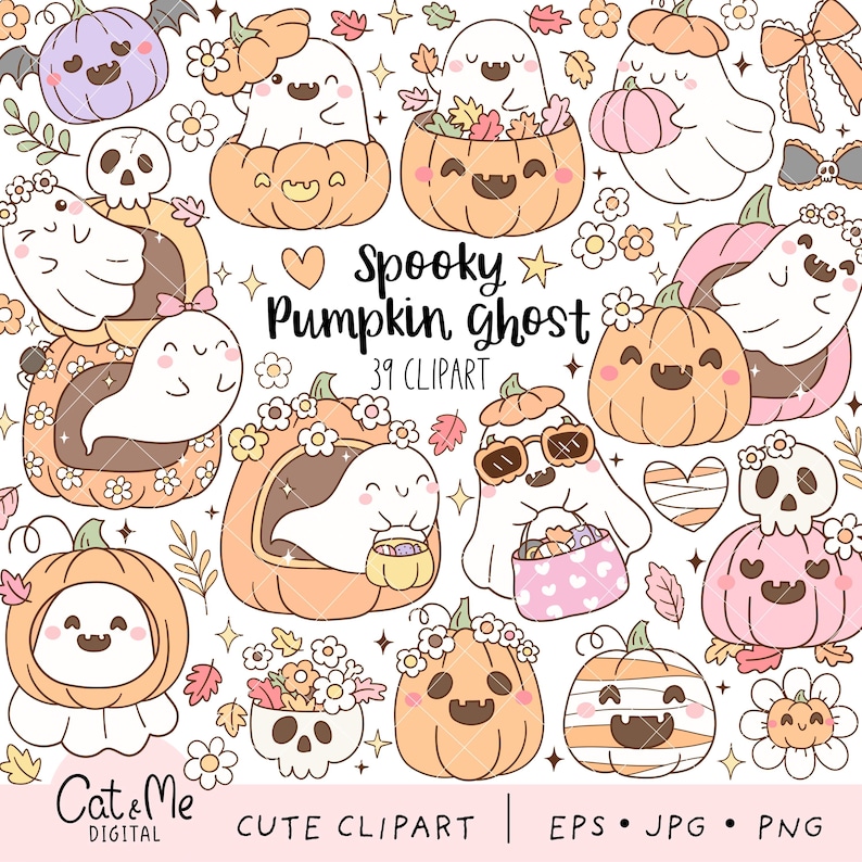 May include: A collection of cute Halloween-themed clipart featuring smiling ghosts, pumpkins, flowers, and bats. The phrase "Spooky Pumpkin Ghost" is displayed, along with "39 Clipart". The color palette includes orange, pink, purple, and white.