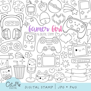 May include: A set of 46 black and white digital stamps featuring cute gamer girl illustrations. The illustrations include a variety of gaming-related items, such as controllers, headsets, and a retro games console. The text "Gamer Girl" and "46 Digital Stamp" is included in the image.
