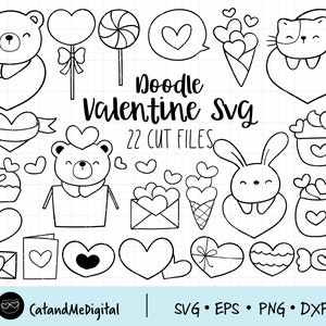 Doodle dia dos namorados svg Dia dos namorados clipart Amor svg Animal svg Coração svg Desenhado à mão svg Colorir svg Floresta svg Urso Coelho Gato DXF