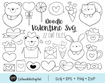 Puede incluir: Un conjunto de 22 archivos de corte SVG temáticos de San Valentín en blanco y negro. Los diseños incluyen un oso, un conejito, un gato, una magdalena en forma de corazón, un cono de helado en forma de corazón, una taza en forma de corazón, una piruleta en forma de corazón, una caja de regalo en forma de corazón, un sobre en forma de corazón y un caramelo en forma de corazón. El texto "Doodle Valentine Svg 22 Cut Files" está incluido en la imagen.