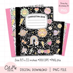 Puede incluir: Dos cuadernos de composición con cubiertas moteadas en blanco y negro y lomos rosas. Las cubiertas están decoradas con gráficos de dibujos animados coloridos, incluyendo un sol con gafas de sol, un arcoíris y una fresa. El texto "COMPOSITION BOOK" es visible. Los cuadernos miden 21,6 x 27,9 cm.