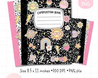 Retro good vibes composition book png Notebook cover file Groovy 70s cover png Y2K stickers personal notebook Back to school gift book png