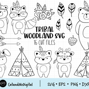 Tribal woodland animal svg Boho animals svg Woodland animals Bohemian animals svg Outline animal svg Bear Deer Rabbit Fox Dxf cut file